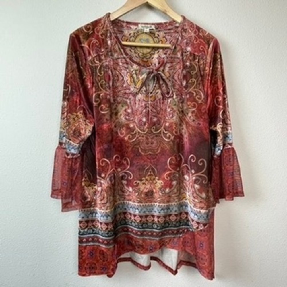 One World Paisley Tunic Womens XL Orange Red Rhinestone Bell Sleeve Boho Velvet